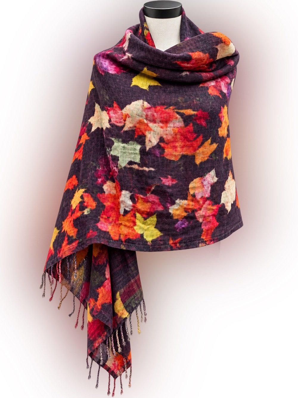 PrAna 💯 Wool Cameo Scarf Mulled Wine Fall Leaves with Plaid on Reverse Unisex